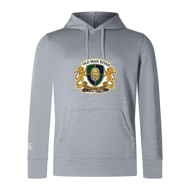 The WRS Canterbury Old Man Rivah Rugby Club Lightweight Hoodie is a light gray top with a lion crest, gold accents, and "OLD MAN RIVAL" and "VOIR QUAM CONDUC" text, inspired by classic Canterbury Club style.