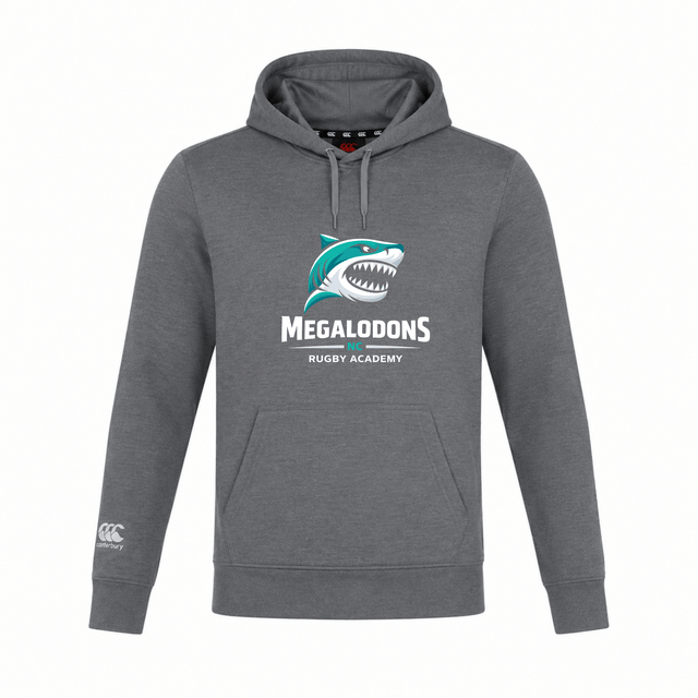 The NC Rugby Academy - Megalodons Club Lightweight Hoodie by WRS Canterbury features a shark logo and "Megalodons NC Rugby Academy" on the front, plus a small Canterbury logo on the left sleeve. Custom made for comfort and style.