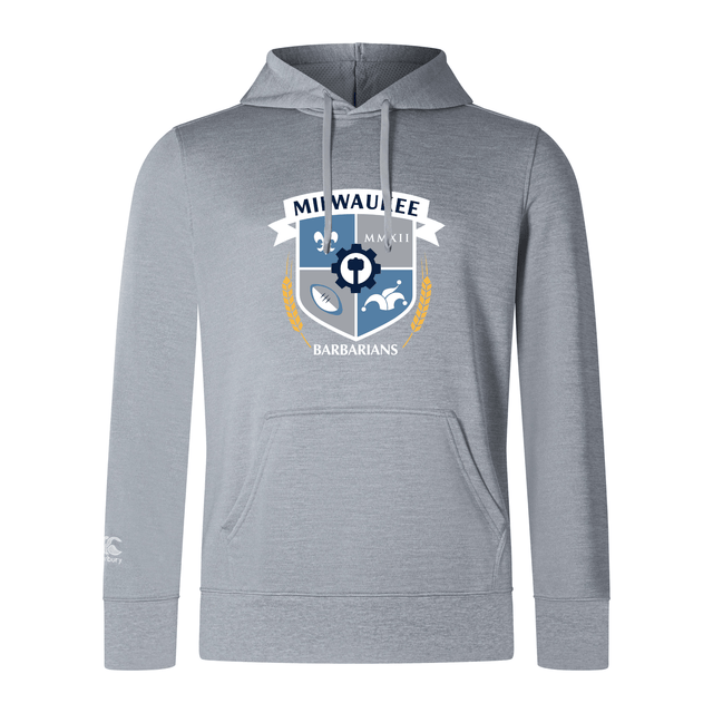 The Milwaukee Barbarians Rugby Club Lightweight Hoodie by Canterbury features the club crest and logo on the chest. This light gray hoodie is custom made by WRS Canterbury.