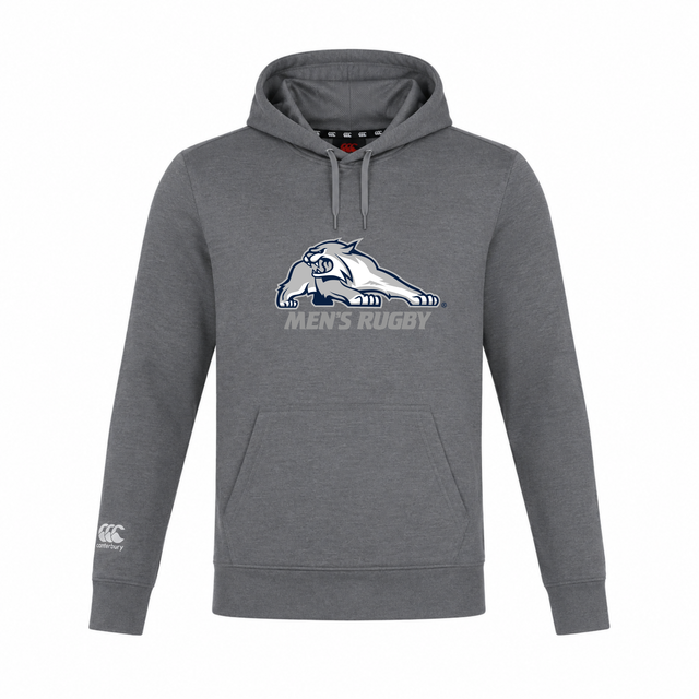 Lightweight gray University of New Hampshire Club Lightweight Hoodie by Canterbury featuring a wildcat mascot logo and “MEN’S RUGBY” text on the chest.