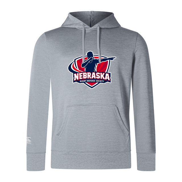 The Nebraska Rugby Referee Society Club Lightweight Hoodie by WRS Canterbury features a front pocket and the society logo in red, white, and blue on the chest. Made from durable polyester for comfort.