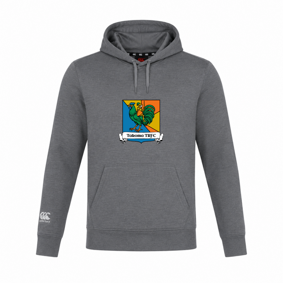Lightweight grey Takoma Touch Rugby Club Lightweight Hoodie by Canterbury featuring a drawstring hood, a front kangaroo pocket, and a rugby club crest with a rooster on the chest.