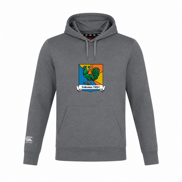 Lightweight grey Takoma Touch Rugby Club Lightweight Hoodie by Canterbury featuring a drawstring hood, a front kangaroo pocket, and a rugby club crest with a rooster on the chest.