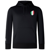 Just In: The Italy Shield Club Lightweight Hoodie by EMB Canterbury is a black hoodie with a front pocket and a small chest emblem showcasing the vibrant colors of the Italian flag.