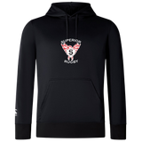 The Superior Rugby Club Lightweight Hoodie by WRS Canterbury features a black design, kangaroo pocket, drawstring hood, chest "Superior Rugby" logo with wings and an “S,” plus a small white logo on the left sleeve inspired by classic Canterbury style.