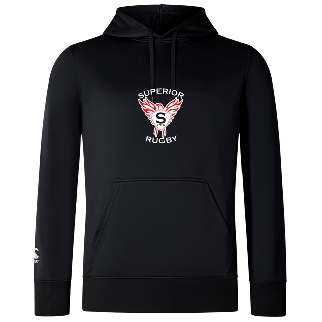 The Superior Rugby Club Lightweight Hoodie by WRS Canterbury features a black design, kangaroo pocket, drawstring hood, chest "Superior Rugby" logo with wings and an “S,” plus a small white logo on the left sleeve inspired by classic Canterbury style.