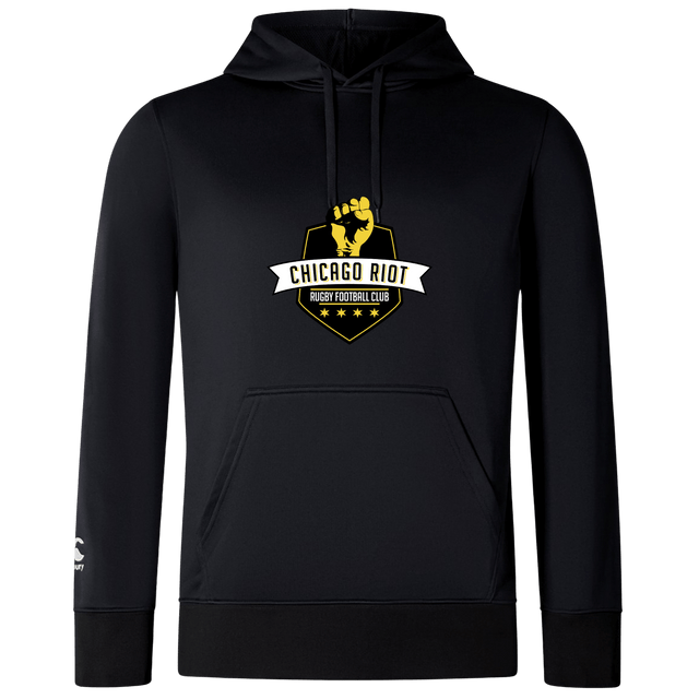 The Chicago Riot Club Lightweight Hoodie by WRS Canterbury is a custom, black lightweight hoodie featuring a yellow and white "Chicago Riot Rugby Football Club" chest logo and a small white logo on the left sleeve for comfort and style.