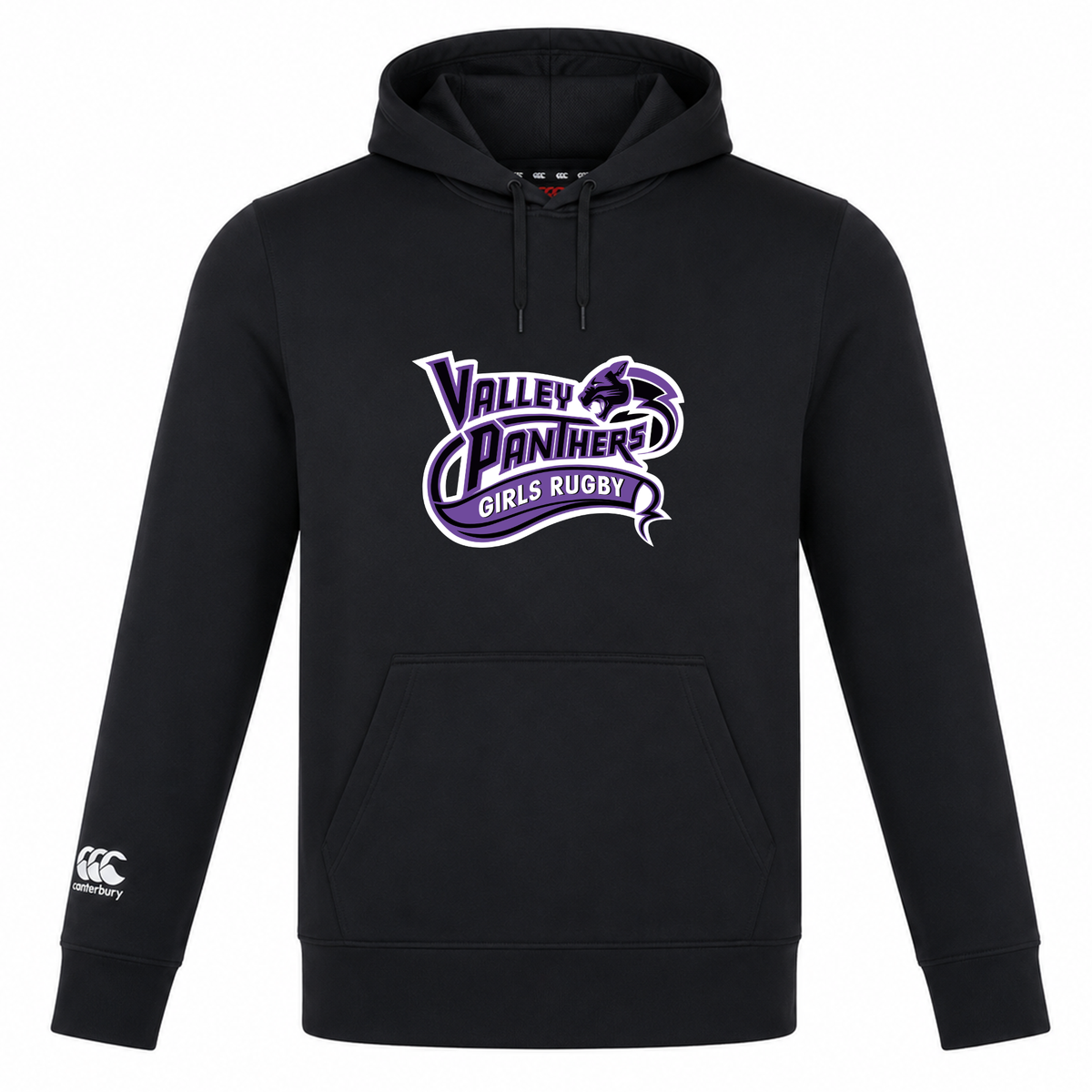 Introducing the Valley Panthers Girls Rugby Club Lightweight Hoodie by Canterbury. This black hoodie, designed by WRS Canterbury, showcases a “Valley Panthers Girls Rugby” logo in vibrant purple and white across the chest and features a custom white Canterbury logo on the left sleeve. Perfect for comfort and style, it’s an ideal choice for club supporters.