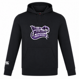 Introducing the Valley Panthers Girls Rugby Club Lightweight Hoodie by Canterbury. This black hoodie, designed by WRS Canterbury, showcases a “Valley Panthers Girls Rugby” logo in vibrant purple and white across the chest and features a custom white Canterbury logo on the left sleeve. Perfect for comfort and style, it’s an ideal choice for club supporters.