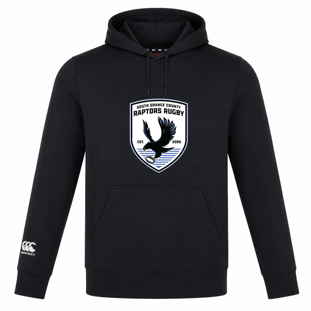 Introducing the South Orange County Raptors Club Lightweight Hoodie by Canterbury—a black hooded sweatshirt custom designed for rugby supporters. Featuring a front pocket, this lightweight hoodie showcases the “South Orange County Raptors Rugby” logo with a flying raptor, as well as an official Canterbury logo on the sleeve. From WRS Canterbury, it combines comfort and style, making it the ideal choice for any rugby enthusiast.