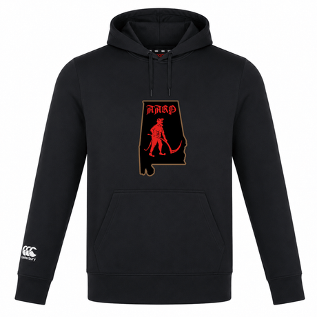 Aging Alabama Rugby Players Club Lightweight Hoodie by WRS Canterbury featuring a graphic of the state of Alabama with a red devil figure and the text “HARD” above it, and a Canterbury logo on the right sleeve.