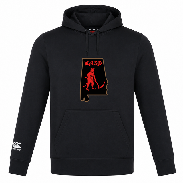 Aging Alabama Rugby Players Club Lightweight Hoodie by WRS Canterbury featuring a graphic of the state of Alabama with a red devil figure and the text “HARD” above it, and a Canterbury logo on the right sleeve.