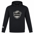 Lightweight black ICRON Club Lightweight Hoodie by Canterbury featuring a drawstring hood, kangaroo pocket, and a chest graphic of a rugby ball above “ICRON” inside a shield emblem.