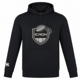 Lightweight black ICRON Club Lightweight Hoodie by Canterbury featuring a drawstring hood, kangaroo pocket, and a chest graphic of a rugby ball above “ICRON” inside a shield emblem.