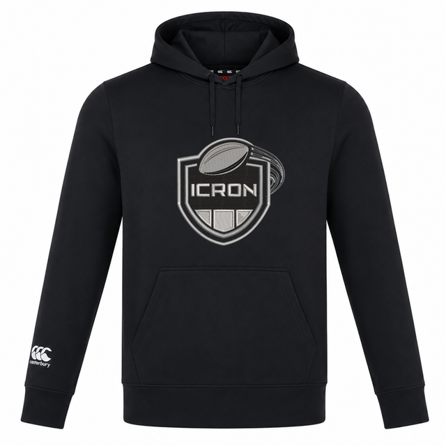 Lightweight black ICRON Club Lightweight Hoodie by Canterbury featuring a drawstring hood, kangaroo pocket, and a chest graphic of a rugby ball above “ICRON” inside a shield emblem.