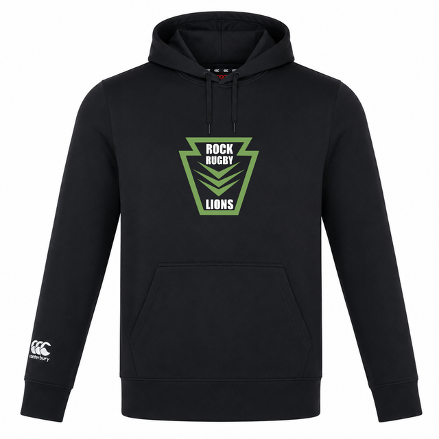 Rock Rugby Club Lightweight Hoodie by Canterbury in black, featuring a green and white “Rock Rugby Lions” crest on the chest and a white logo on the right sleeve.