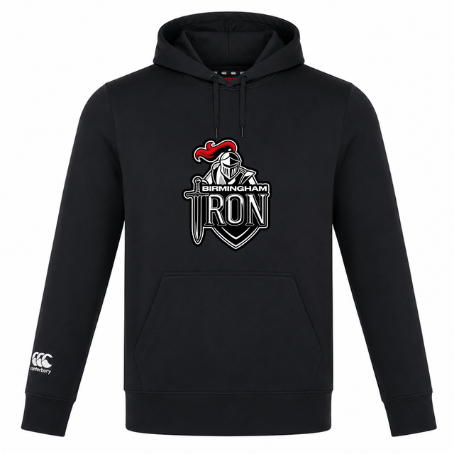 The Birmingham Iron Women's Football Club Lightweight Hoodie by WRS Canterbury features a medieval knight and sword logo on the chest and a custom Canterbury logo on the left sleeve.
