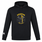 The Spartan Youth Rugby Club Lightweight Hoodie by WRS Canterbury features a front pocket, Spartan helmet graphic, “SPARTAN YOUTH RUGBY” in yellow, and a white Canterbury sleeve logo—perfect for active youth.