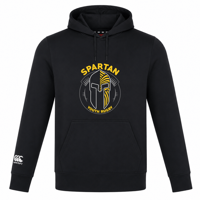 The Spartan Youth Rugby Club Lightweight Hoodie by WRS Canterbury features a front pocket, Spartan helmet graphic, “SPARTAN YOUTH RUGBY” in yellow, and a white Canterbury sleeve logo—perfect for active youth.