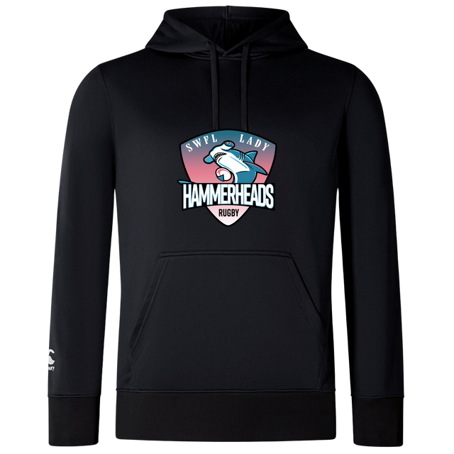 The SWFL Lady Hammerheads Club Lightweight Hoodie by Canterbury from WRS Canterbury features the team logo and a cartoon hammerhead shark for style, offering ultimate comfort in a black, lightweight design.