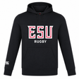 The East Stroudsburg University Club Lightweight Hoodie by Canterbury (WRS Canterbury) is a black hoodie featuring "ESU RUGBY" in bold white and red on the front and a custom Canterbury Club logo on the left sleeve.