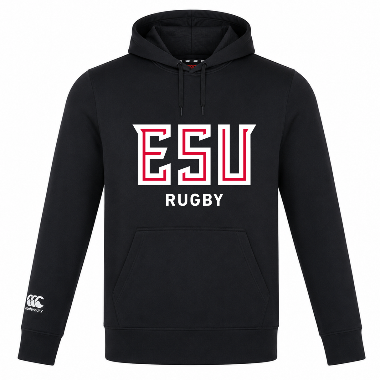 The East Stroudsburg University Club Lightweight Hoodie by Canterbury (WRS Canterbury) is a black hoodie featuring "ESU RUGBY" in bold white and red on the front and a custom Canterbury Club logo on the left sleeve.