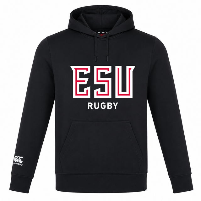 The East Stroudsburg University Club Lightweight Hoodie by Canterbury (WRS Canterbury) is a black hoodie featuring "ESU RUGBY" in bold white and red on the front and a custom Canterbury Club logo on the left sleeve.