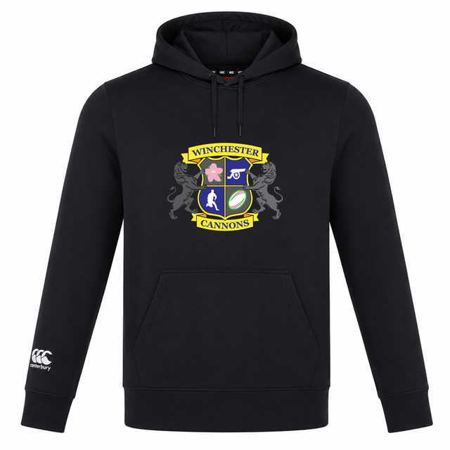 The Winchester Cannons Club Lightweight Hoodie by WRS Canterbury is a black hoodie with a colorful crest on the chest and a white Canterbury logo on the left sleeve—a highlight of the Canterbury Club collection.