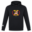 Introducing the Potomac Exiles Rugby Club Club Lightweight Hoodie by Canterbury. Crafted from black polyester, this stylish hoodie features a bold "X" on the chest with Maryland and DC flag elements, laurel leaves, and "2014," while the left sleeve is accented with the Canterbury Club logo. Made by WRS Canterbury, this lightweight hoodie perfectly blends comfort and team spirit for every fan.