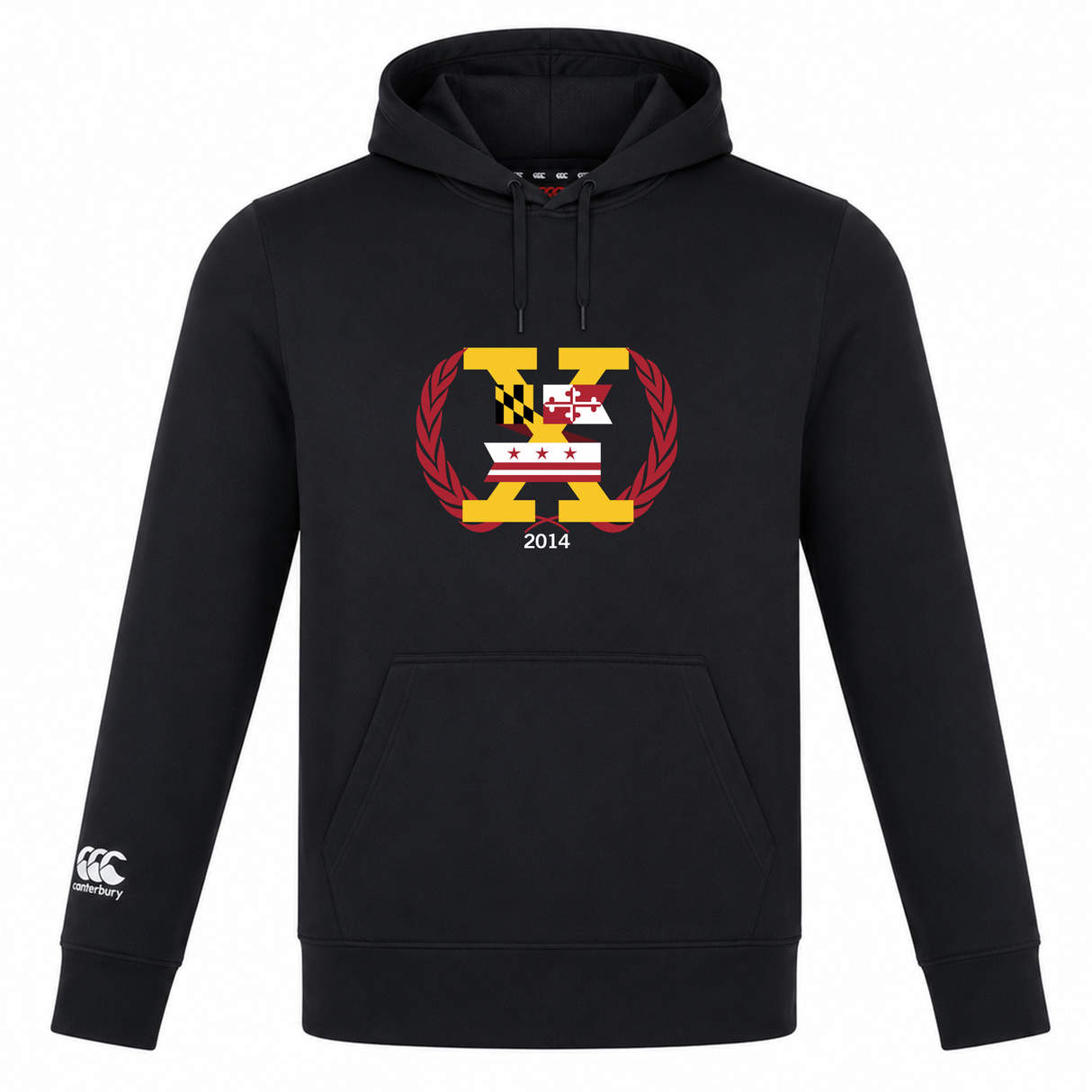 Introducing the Potomac Exiles Rugby Club Club Lightweight Hoodie by Canterbury. Crafted from black polyester, this stylish hoodie features a bold "X" on the chest with Maryland and DC flag elements, laurel leaves, and "2014," while the left sleeve is accented with the Canterbury Club logo. Made by WRS Canterbury, this lightweight hoodie perfectly blends comfort and team spirit for every fan.