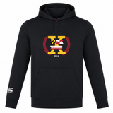 Introducing the Potomac Exiles Rugby Club Club Lightweight Hoodie by Canterbury. Crafted from black polyester, this stylish hoodie features a bold "X" on the chest with Maryland and DC flag elements, laurel leaves, and "2014," while the left sleeve is accented with the Canterbury Club logo. Made by WRS Canterbury, this lightweight hoodie perfectly blends comfort and team spirit for every fan.