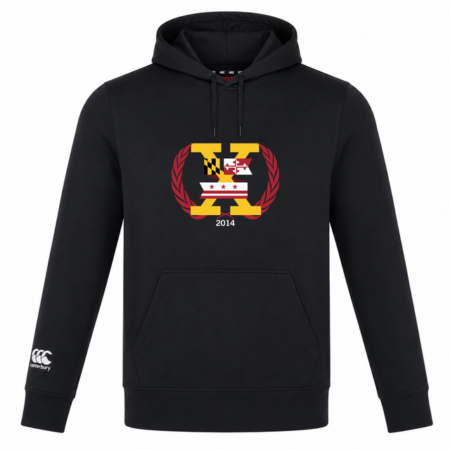 Introducing the Potomac Exiles Rugby Club Club Lightweight Hoodie by Canterbury. Crafted from black polyester, this stylish hoodie features a bold "X" on the chest with Maryland and DC flag elements, laurel leaves, and "2014," while the left sleeve is accented with the Canterbury Club logo. Made by WRS Canterbury, this lightweight hoodie perfectly blends comfort and team spirit for every fan.