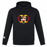 Introducing the Potomac Exiles Rugby Club Club Lightweight Hoodie by Canterbury. Crafted from black polyester, this stylish hoodie features a bold "X" on the chest with Maryland and DC flag elements, laurel leaves, and "2014," while the left sleeve is accented with the Canterbury Club logo. Made by WRS Canterbury, this lightweight hoodie perfectly blends comfort and team spirit for every fan.