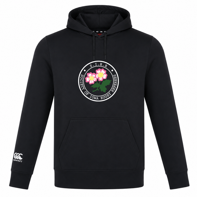 The Society of Iowa Rugby Referees Club Lightweight Hoodie by Canterbury is a black, custom-made hooded sweatshirt featuring a round logo with two pink flowers and the text “S.I.R.R. Schools of Iona Rugby Fide et Fortitudine.” This lightweight hoodie by WRS Canterbury also includes the Canterbury Club logo on the left sleeve.