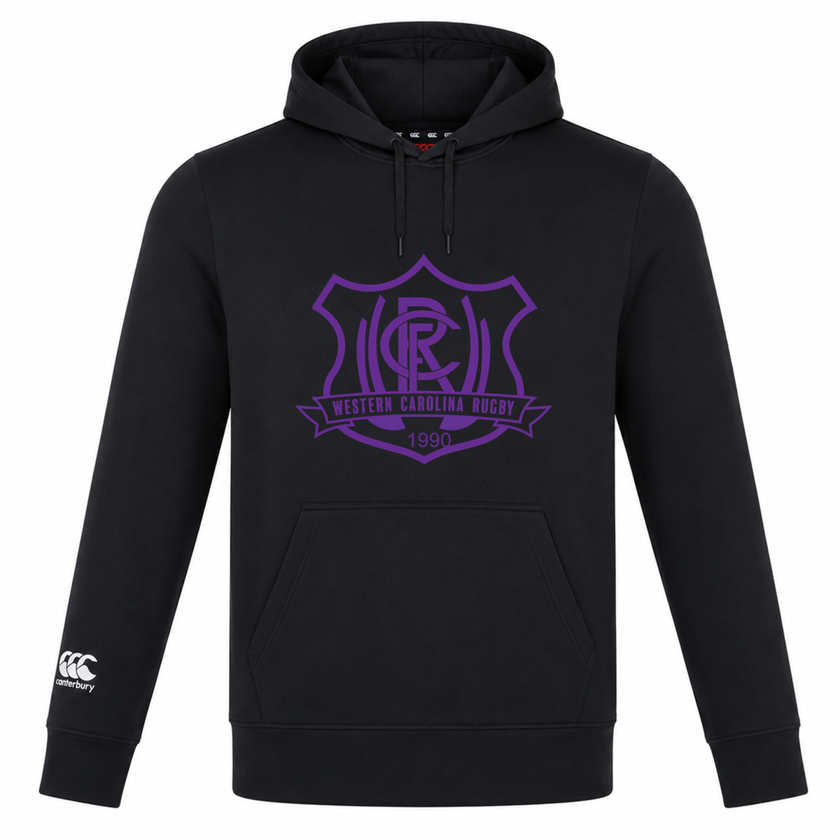 Black Western Carolina University Club Lightweight Hoodie by Canterbury featuring a purple rugby crest on the chest and a white logo on the right sleeve.