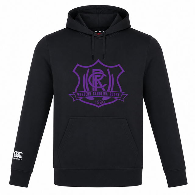 Black Western Carolina University Club Lightweight Hoodie by Canterbury featuring a purple rugby crest on the chest and a white logo on the right sleeve.
