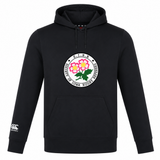 The WRS Canterbury Society of Iowa Rugby Referees Club Lightweight Hoodie is a black custom-made hoodie featuring a “Society of Iowa Rugby Referees” logo with pink flowers on the chest and a white Canterbury Club logo on the left sleeve.