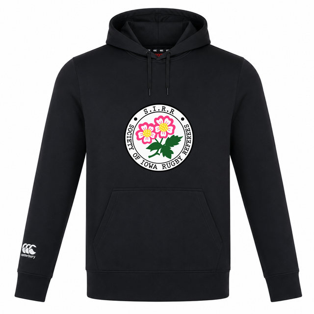 The WRS Canterbury Society of Iowa Rugby Referees Club Lightweight Hoodie is a black custom-made hoodie featuring a “Society of Iowa Rugby Referees” logo with pink flowers on the chest and a white Canterbury Club logo on the left sleeve.