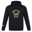 Black Mother Lode Club Lightweight Hoodie by Canterbury featuring a “Mother Lode Rugby” graphic with two crossed pickaxes and a rugby ball on the chest, and a logo on the right cuff.