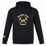 Black Mother Lode Club Lightweight Hoodie by Canterbury featuring a “Mother Lode Rugby” graphic with two crossed pickaxes and a rugby ball on the chest, and a logo on the right cuff.