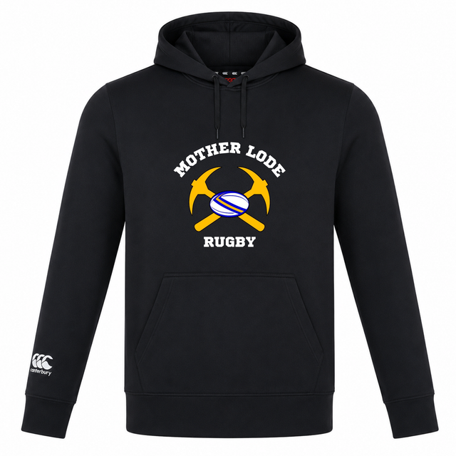 Black Mother Lode Club Lightweight Hoodie by Canterbury featuring a “Mother Lode Rugby” graphic with two crossed pickaxes and a rugby ball on the chest, and a logo on the right cuff.