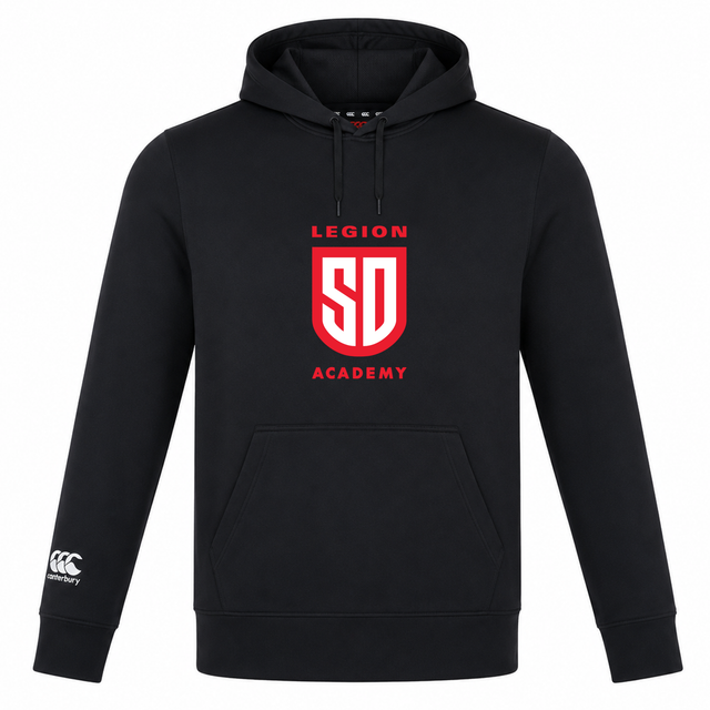 Lightweight, custom-made black Legion Academy Club Lightweight Hoodie by Canterbury, featuring a front kangaroo pocket and a red “LEGION SD ACADEMY” emblem on the chest.
