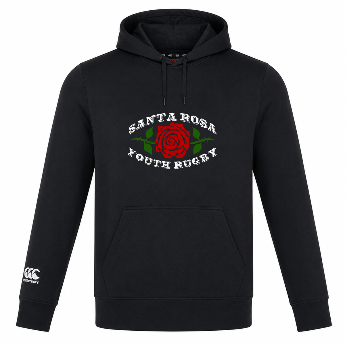 The Santa Rosa Youth Rugby Club Lightweight Hoodie by Canterbury, from WRS Canterbury, is a custom-made black hoodie featuring “Santa Rosa Youth Rugby” text and a bold red rose graphic on the chest, along with the Canterbury logo on the left sleeve. Ideal for combining style and comfort in a lightweight design.