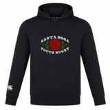The Santa Rosa Youth Rugby Club Lightweight Hoodie by Canterbury, from WRS Canterbury, is a custom-made black hoodie featuring “Santa Rosa Youth Rugby” text and a bold red rose graphic on the chest, along with the Canterbury logo on the left sleeve. Ideal for combining style and comfort in a lightweight design.
