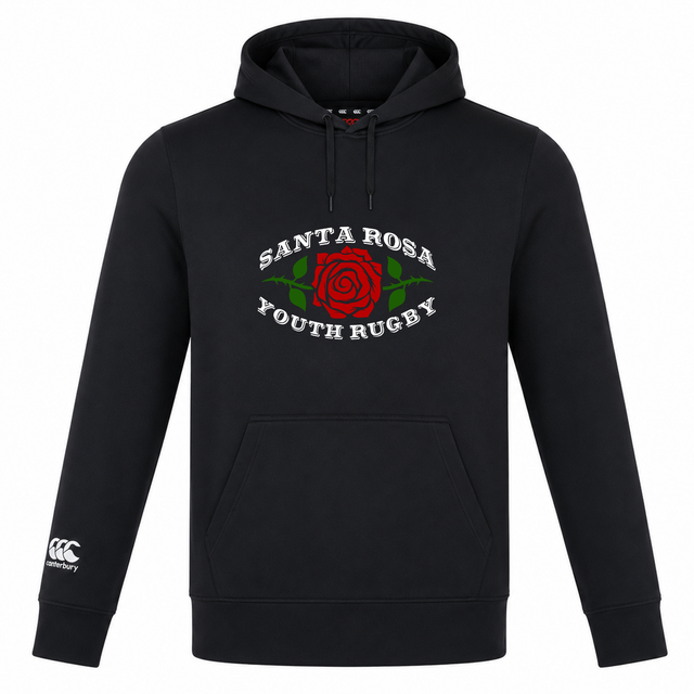 The Santa Rosa Youth Rugby Club Lightweight Hoodie by Canterbury, from WRS Canterbury, is a custom-made black hoodie featuring “Santa Rosa Youth Rugby” text and a bold red rose graphic on the chest, along with the Canterbury logo on the left sleeve. Ideal for combining style and comfort in a lightweight design.