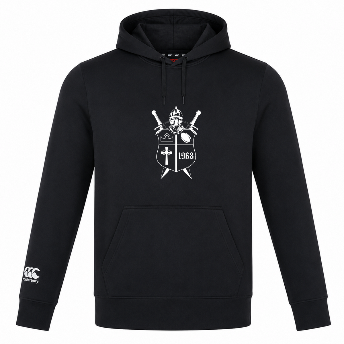 Black lightweight Cal Lutheran University Club Lightweight Hoodie by Canterbury with a front kangaroo pocket and a white graphic on the chest depicting a shield, swords, and the year 1968.