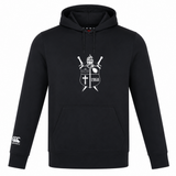 Black lightweight Cal Lutheran University Club Lightweight Hoodie by Canterbury with a front kangaroo pocket and a white graphic on the chest depicting a shield, swords, and the year 1968.