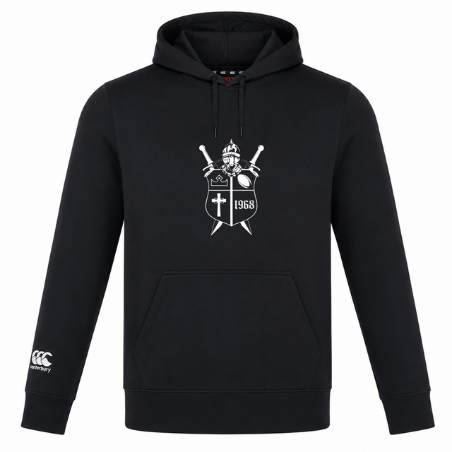 Black lightweight Cal Lutheran University Club Lightweight Hoodie by Canterbury with a front kangaroo pocket and a white graphic on the chest depicting a shield, swords, and the year 1968.