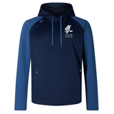 The Falcon Youth Rugby Embroidered Elite Training Hoody by EMB Canterbury features navy and lighter blue sleeves, a logo and emblem on the chest, made for performance and comfort with eco-friendlier materials. It includes front pockets and drawstrings for an adjustable fit.