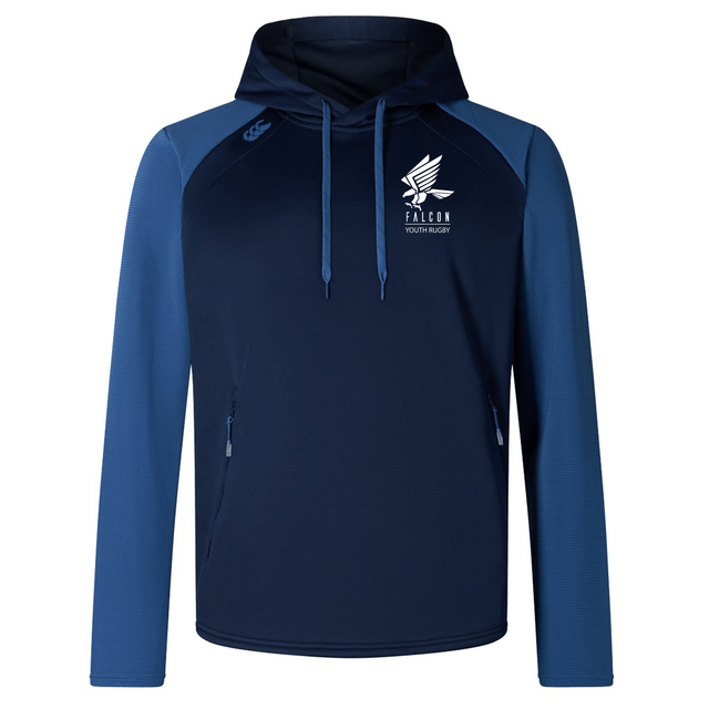 The Falcon Youth Rugby Embroidered Elite Training Hoody by EMB Canterbury features navy and lighter blue sleeves, a logo and emblem on the chest, made for performance and comfort with eco-friendlier materials. It includes front pockets and drawstrings for an adjustable fit.